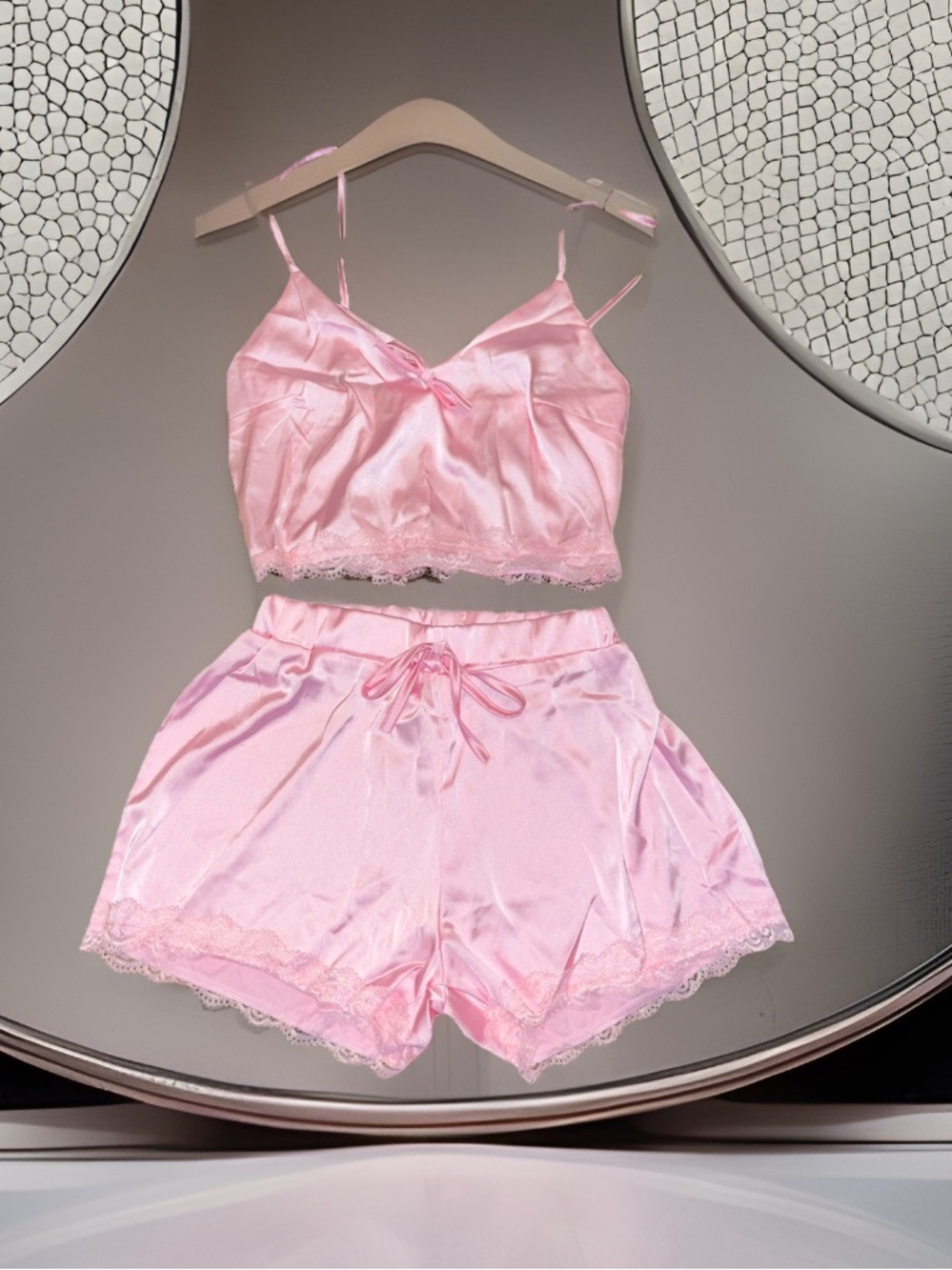 Pink Satin Spaghetti Straps Lace Trim W/ Drawstring On & Bottoms Lingerie